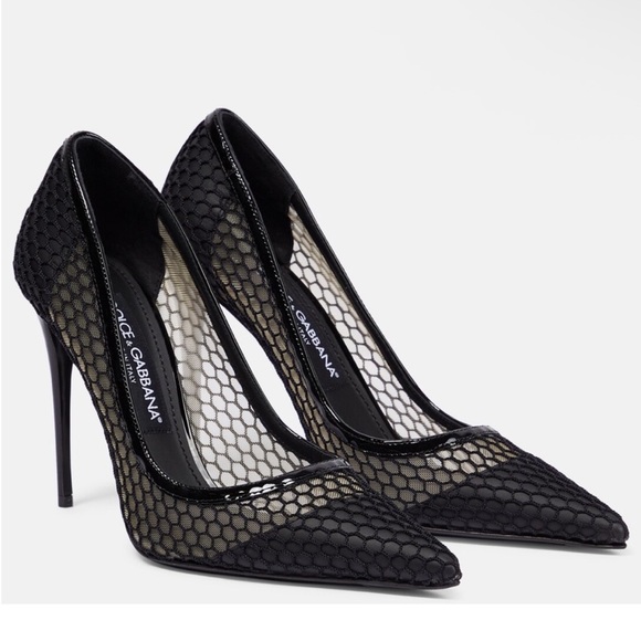Dolce & Gabbana 105 Mesh Rete Fishnet Sheer Patent Leather DG Logo Pumps NEW - Picture 3 of 9